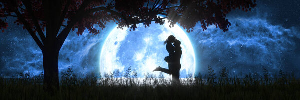 Man and woman kissing on the background of a large full moon, 3d illustration