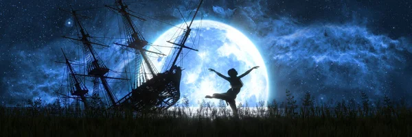 Silhouette Dancing Woman Background Moon Flooded Old Ship Illustration — Stock Photo, Image