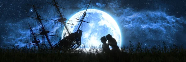 남자와 여자가 보름달이 배경에서 키스하는 — 스톡 사진