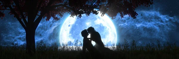 Man Och Kvinna Kysser Bakgrunden Stor Fullmåne Illustration — Stockfoto