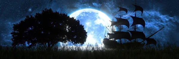 Корабель Морі Тлі Місяця Красивого Неба Ілюстрація — стокове фото