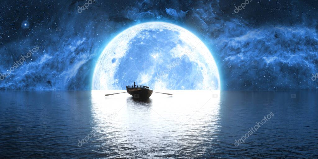 boat on the background of a large full moon, 3d illustration