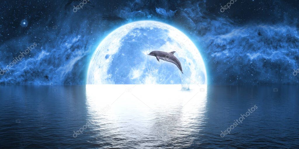 dolphin jumping out of the water against the background of the big moon, 3d illustration