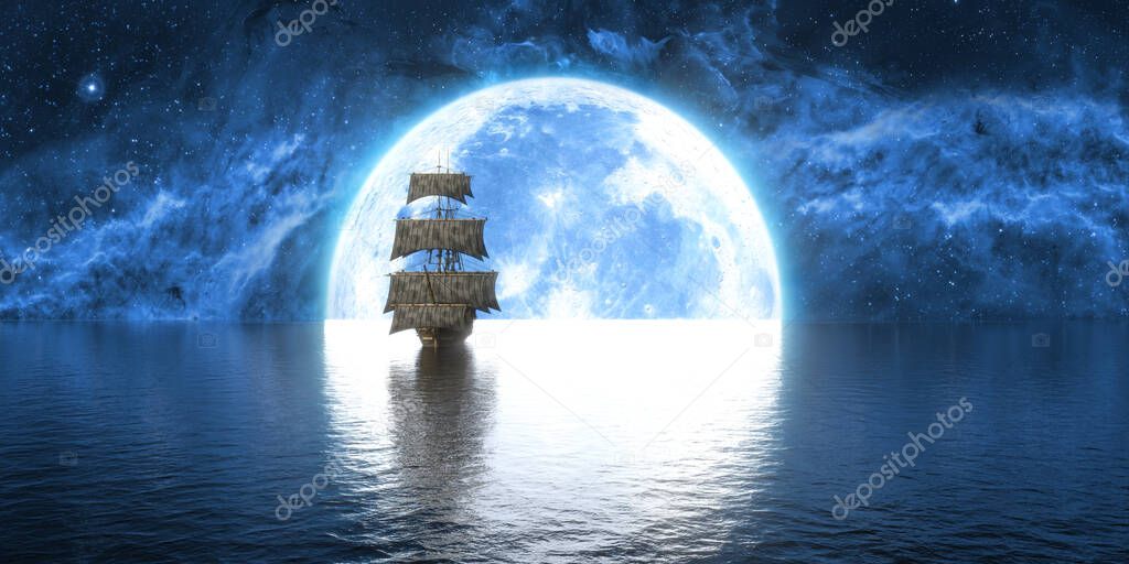 ship at sea against the background of the moon and the beautiful sky, 3d illustration