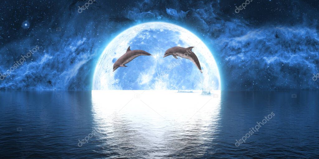 group of dolphins jumping out of the water against the background of the big moon, 3d illustration