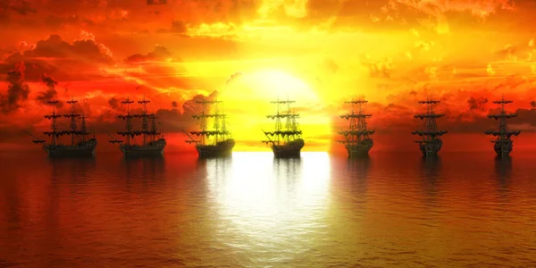 sunset, group of ships against the setting sun, 3d illustration