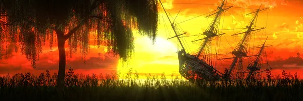 Gesunkenes Schiff Vor Dem Hintergrund Eines Wunderschönen Sonnenuntergangs Illustration — Stockfoto