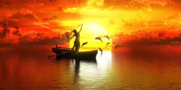 Femme Dansant Dans Bateau Sur Fond Coucher Soleil Dauphins Illustration — Photo