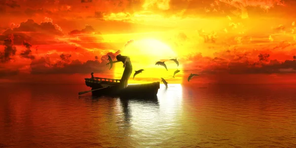Mulher Dançando Barco Fundo Pôr Sol Golfinhos Ilustração — Fotografia de Stock
