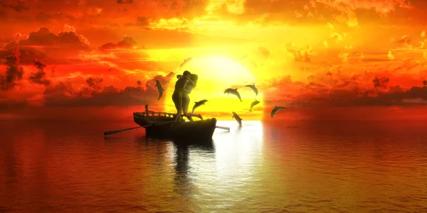 Kuss Boot Vor Dem Hintergrund Von Sonnenuntergang Und Delphinen Illustration — Stockfoto