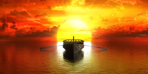 Bateau Sur Fond Beau Coucher Soleil Illustration — Photo