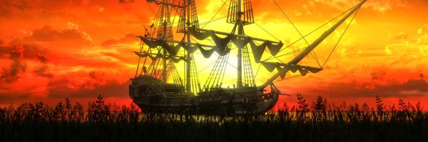 Закат Корабль Фоне Заходящего Солнца Иллюстрация — стоковое фото