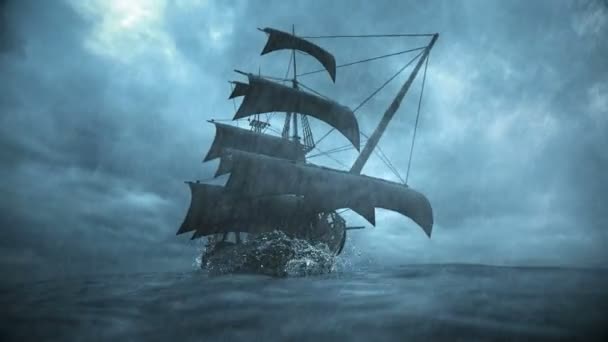Statek Pływający Oceanie Czasie Burzy Deszczem Piorunami Animacja — Wideo stockowe