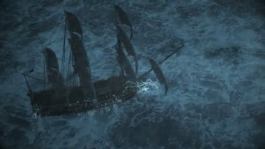 Fırtına ve şimşekle okyanusta seyreden gemi, 3 boyutlu animasyon.