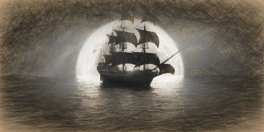 Denizdeki gemi Ay 'ın arka planına ve güzel gökyüzüne karşı, kalem çizimi, çizim