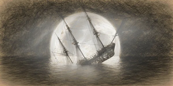 sunken ship on the background of a large full moon, pencil sketch, illustration