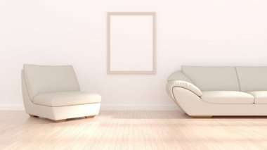 Boş poster çerçeveleri bej iç mekan ile taklit edilir, pencereden gelen ışıkla aydınlatılır, 3d illüstrasyon