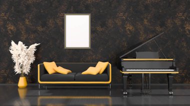 siyah ve sarı kuyruklu piyano, kanepe ve çerçeve modelleme için 3D resim