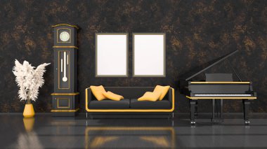 Siyah ve sarı kuyruklu piyano, klasik saat ve model çerçeve, 3D resim