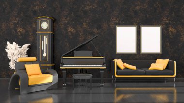 siyah ve sarı kuyruklu piyano, klasik saat ve model çerçeve, 3D illüstrasyon