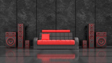 siyah iç mekan modern tasarım siyah ve kırmızı hoparlör sistemi ve kanepe, 3D illüstrasyon