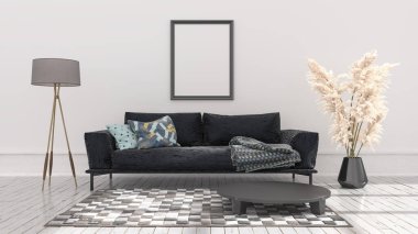 Boş poster çerçeveleri beyaz iç mekan ile taklit edilir, pencereden gelen ışıkla aydınlatılır, 3d illüstrasyon