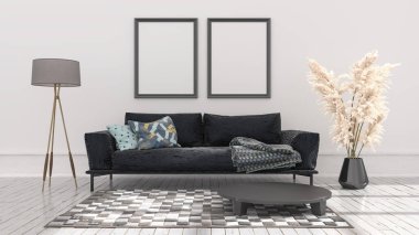 Boş poster çerçeveleri beyaz iç mekan ile taklit edilir, pencereden gelen ışıkla aydınlatılır, 3d illüstrasyon