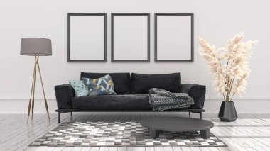 Boş poster çerçeveleri beyaz iç mekan ile taklit edilir, pencereden gelen ışıkla aydınlatılır, 3d illüstrasyon