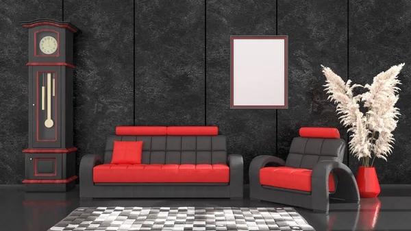 black interior with modern black and red sofa and frames for mockup, 3d illustration