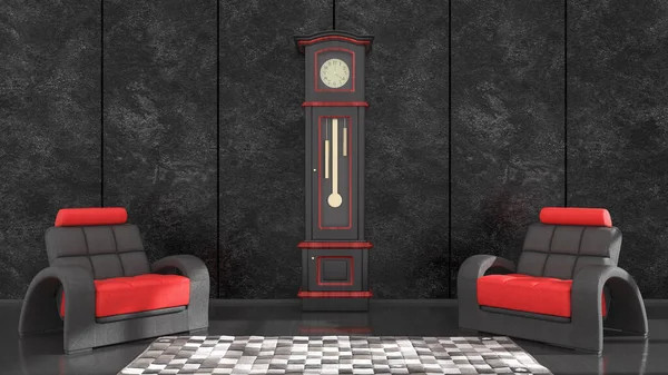 black interior with black and red armchair and clock for mockup, 3d illustration