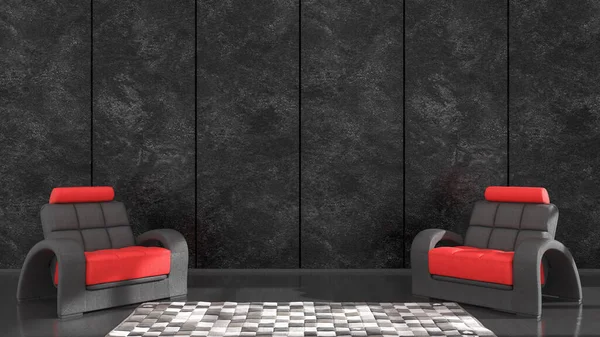 Interior Negro Con Sillón Negro Rojo Para Maqueta Ilustración — Foto de Stock