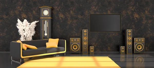 black interior with modern design black and yellow speaker system, antique clock and TV, 3d illustration