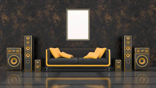 black interior with modern design black and yellow speaker system, sofa and frame for mockup, 3d illustration
