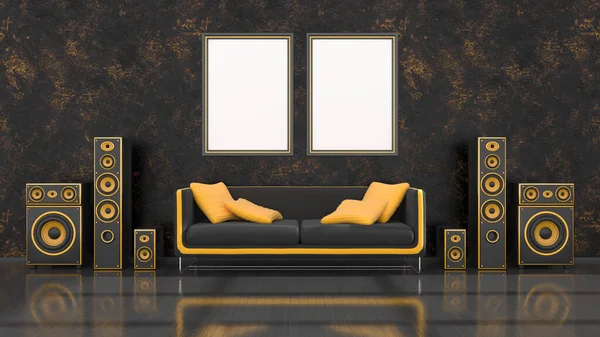Interior Preto Com Design Moderno Sistema Alto Falante Preto Amarelo — Fotografia de Stock