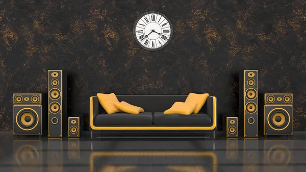 black interior with modern design black and yellow speaker system, sofa and wall clock, 3d illustration
