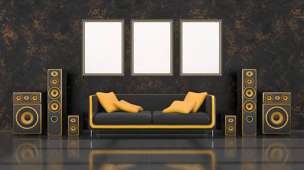 Interior Preto Com Design Moderno Sistema Alto Falante Preto Amarelo — Fotografia de Stock