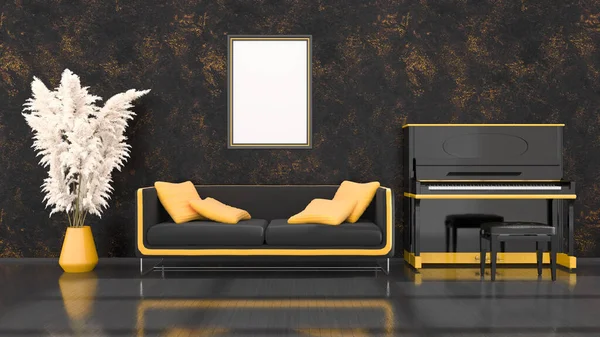 black interior with black and yellow piano, sofa and frame for mockup, 3d illustration