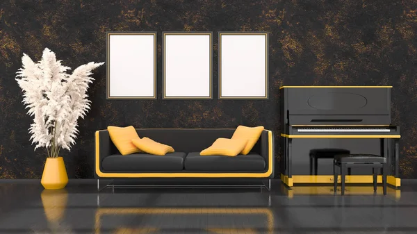 Interior Negro Con Piano Negro Amarillo Sofá Marco Para Maqueta — Foto de Stock