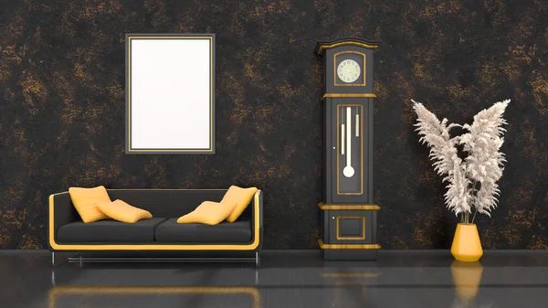 Interior Preto Com Sofá Preto Amarelo Moderno Relógio Quadros Para — Fotografia de Stock