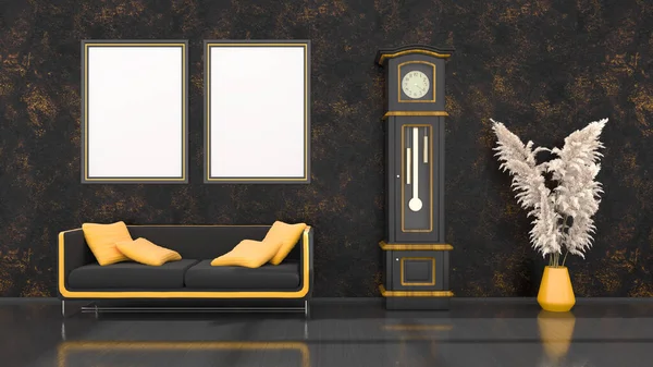 Interior Preto Com Sofá Preto Amarelo Moderno Relógio Quadros Para — Fotografia de Stock