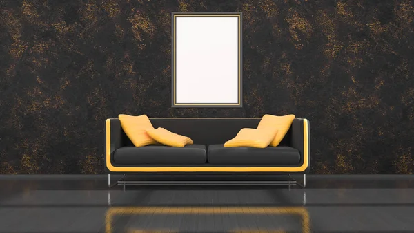 Interior Preto Com Sofá Preto Amarelo Moderno Armações Para Mockup — Fotografia de Stock