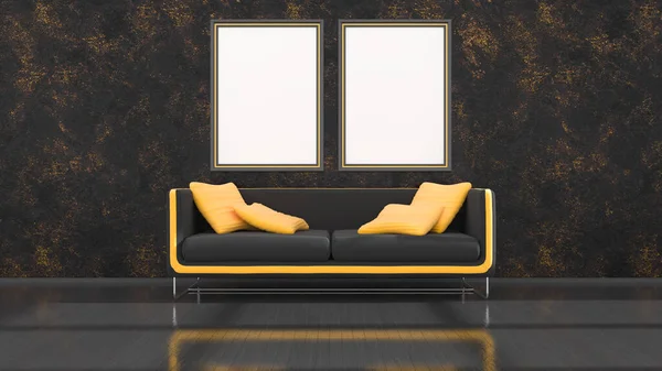 Interior Preto Com Sofá Preto Amarelo Moderno Armações Para Mockup — Fotografia de Stock