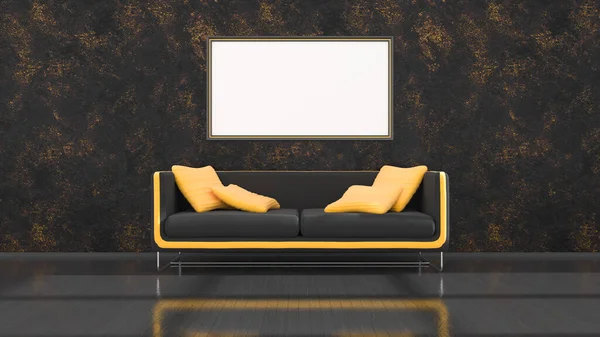 black interior with modern black and yellow sofa and frames for mockup, 3d illustration