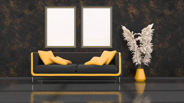 Interior Preto Com Sofá Preto Amarelo Moderno Armações Para Mockup — Fotografia de Stock