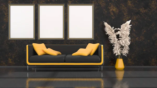 モックアップ 3Dイラストのための現代の黒と黄色のソファとフレームと黒のインテリア — ストック写真