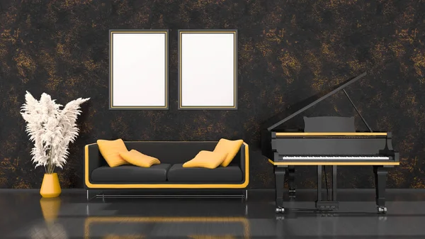 Interior Negro Con Piano Cola Negro Amarillo Sofá Marco Para — Foto de Stock