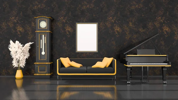 Interior Negro Con Piano Cola Negro Amarillo Reloj Vintage Marco — Foto de Stock