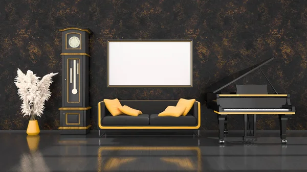 Interior Negro Con Piano Cola Negro Amarillo Reloj Vintage Marco — Foto de Stock