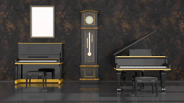 black interior with black and yellow piano, grand piano and frame for mockup, 3d illustration