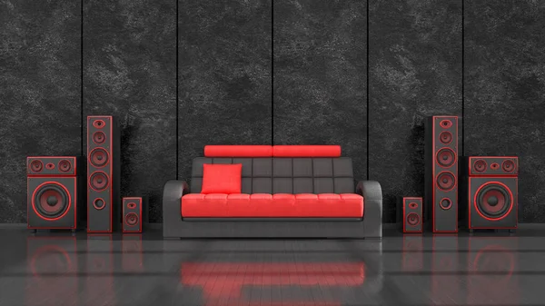 Schwarzer Innenraum Mit Modernem Design Schwarz Roter Lautsprecheranlage Und Sofa — Stockfoto